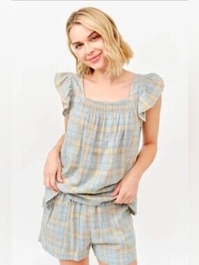 Plaid Elastic-Waist Shorts Romper in Light Blue and Tan